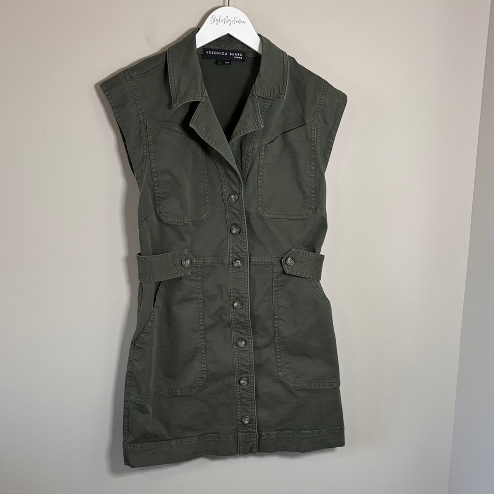 Veronica Beard Jax Dress Army Green Shirtdress Cap Sleeve Mini Cargo Sz 8 - Picture 5 of 16